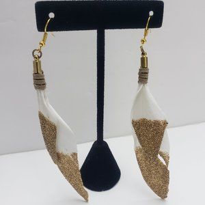 New Feather Dangle Boho Earrings White/Gold Glitter
